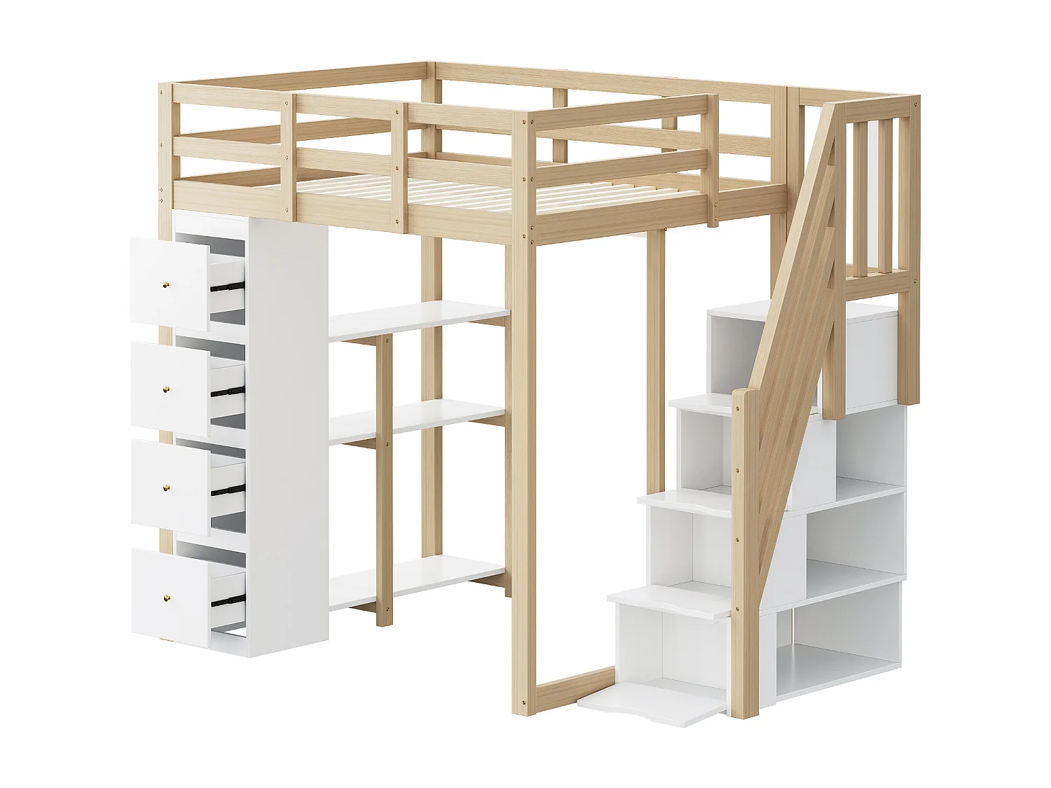 Lit mezzanine 140x200cm avec tiroirs de rangement, échelle sécurisée et étagères, bois massif, naturel et blanc (253x146.5x168cm)