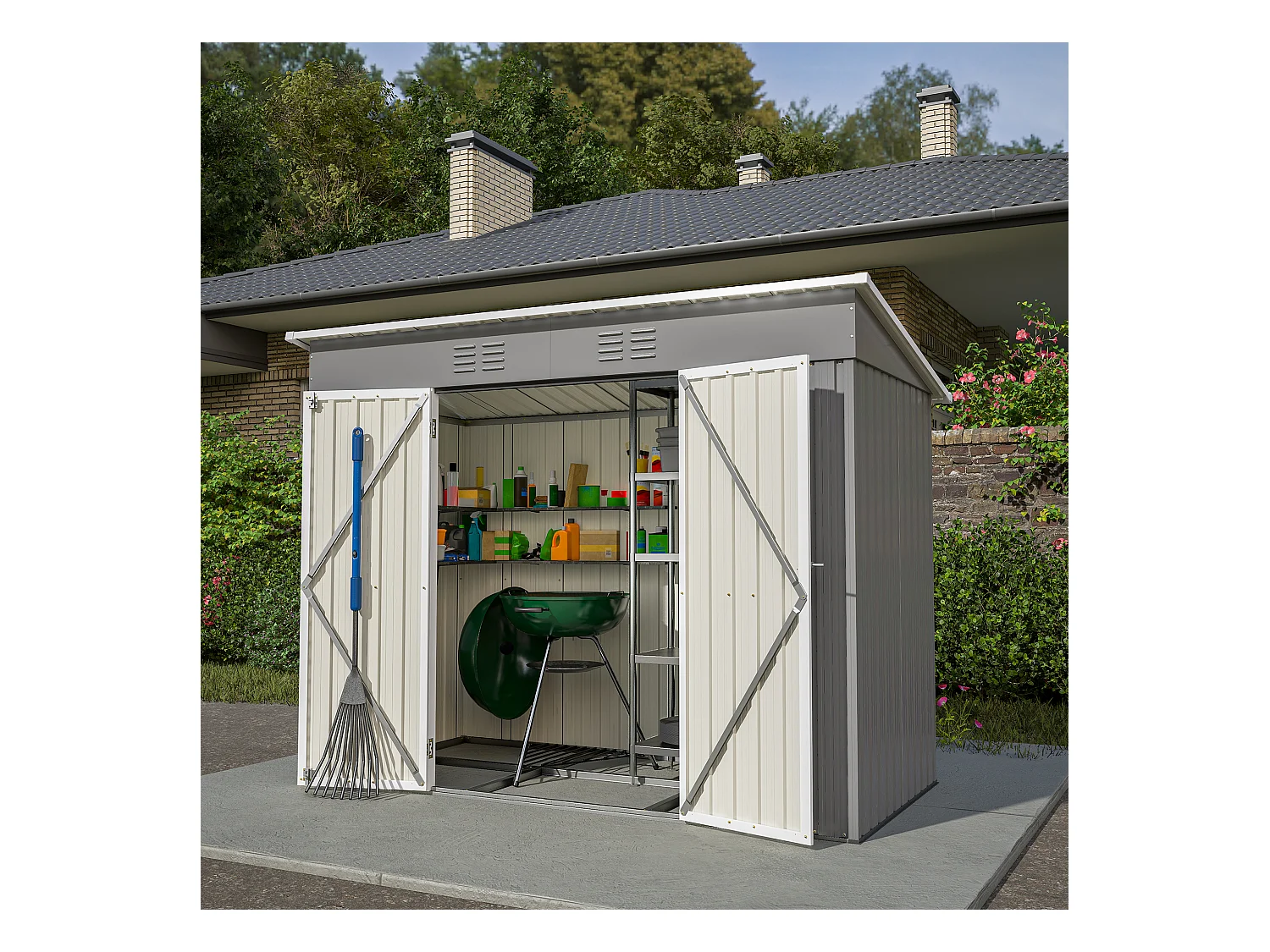 Abri de jardin métallique avec fondation, résistant aux intempéries, acier galvanisé, gris (229x111x182 cm)