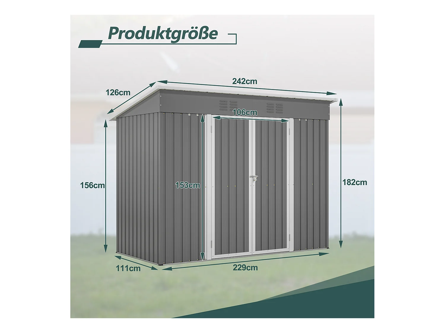 Abri de jardin métallique avec fondation, résistant aux intempéries, acier galvanisé, gris (229x111x182 cm)