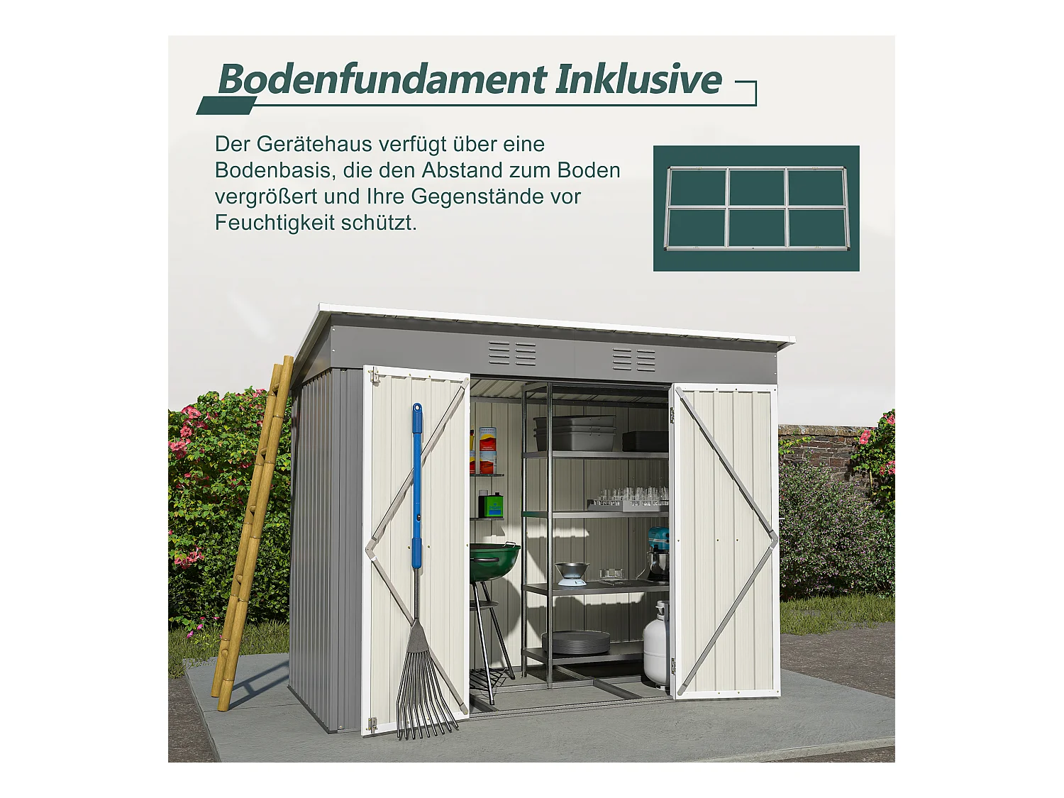 Abri de jardin métallique avec fondation, résistant aux intempéries, acier galvanisé, gris (229x111x182 cm)