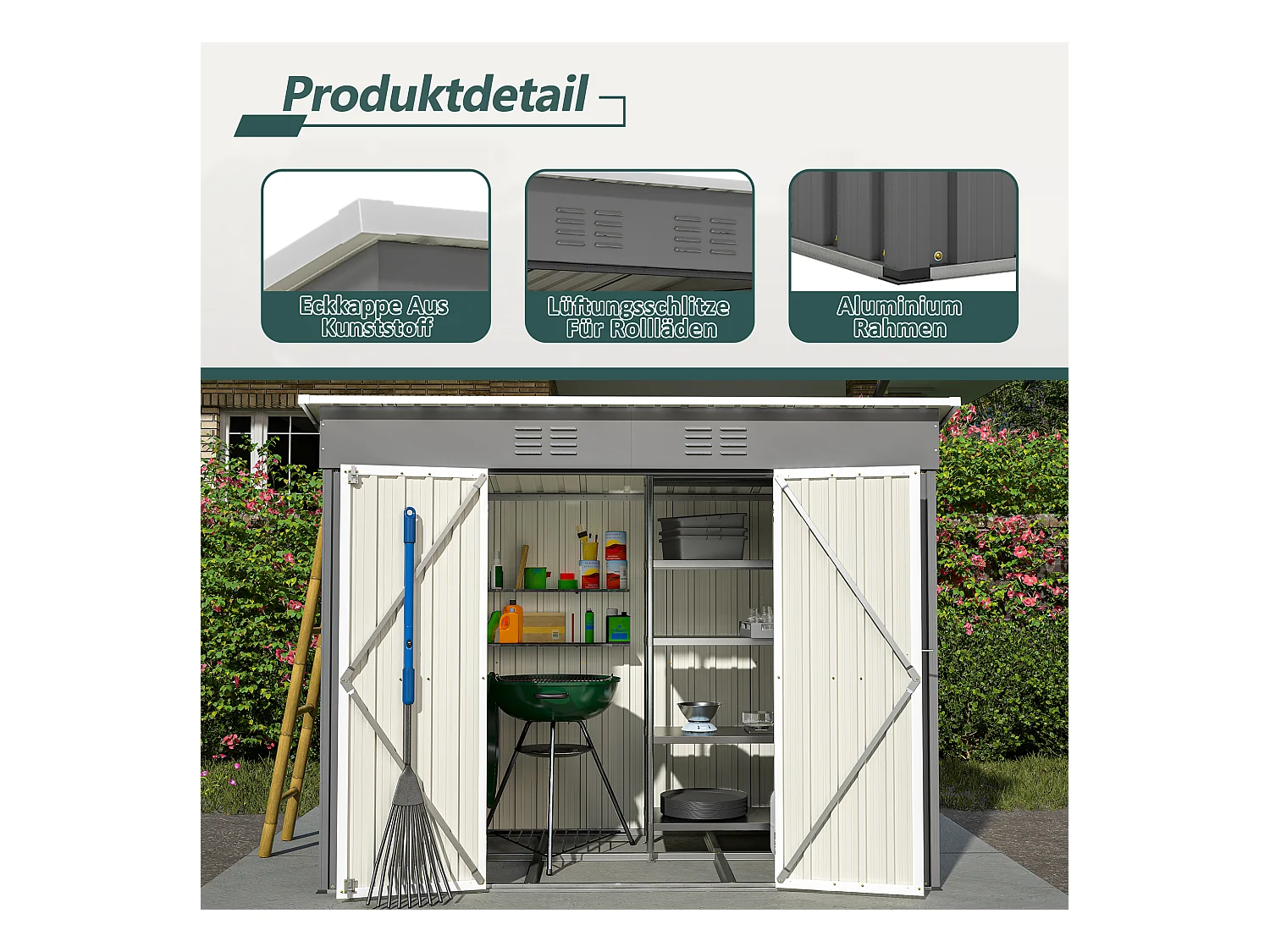 Abri de jardin métallique avec fondation, résistant aux intempéries, acier galvanisé, gris (229x111x182 cm)