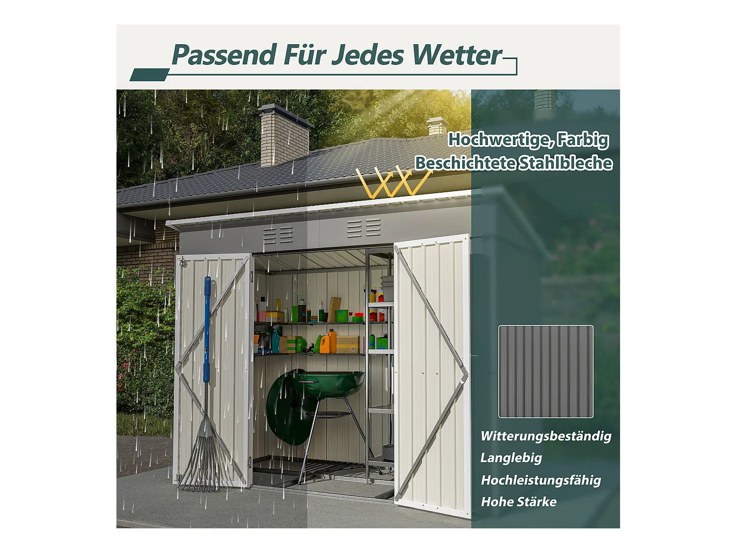 Abri de jardin métallique avec fondation, résistant aux intempéries, acier galvanisé, gris (229x111x182 cm)