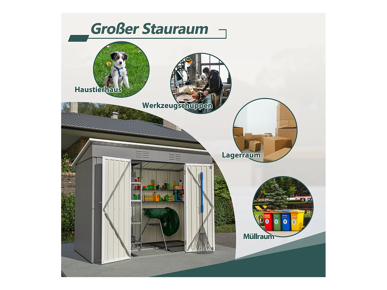 Abri de jardin métallique avec fondation, résistant aux intempéries, acier galvanisé, gris (229x111x182 cm)