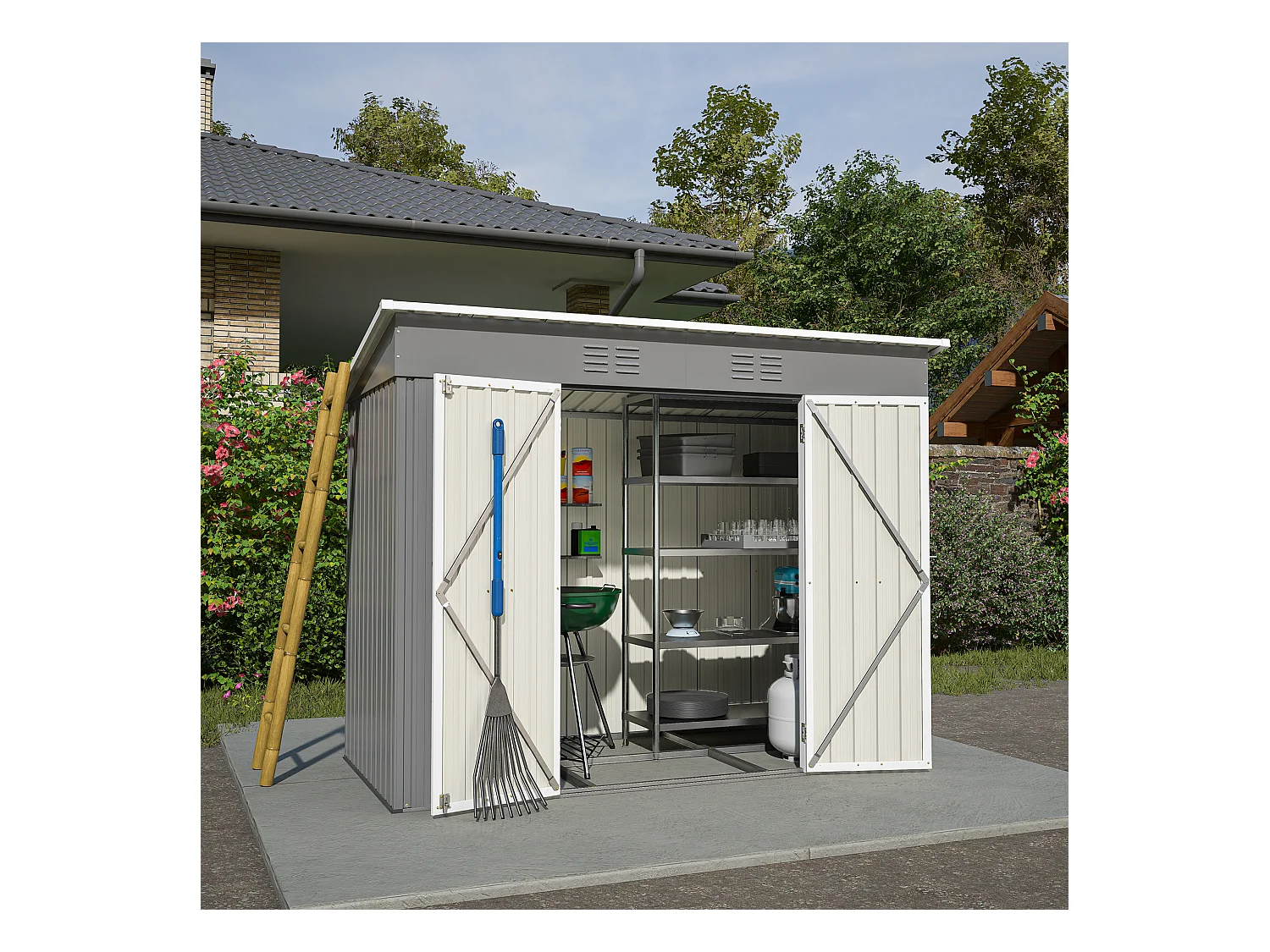 Abri de jardin métallique avec fondation, résistant aux intempéries, acier galvanisé, gris (229x111x182 cm)