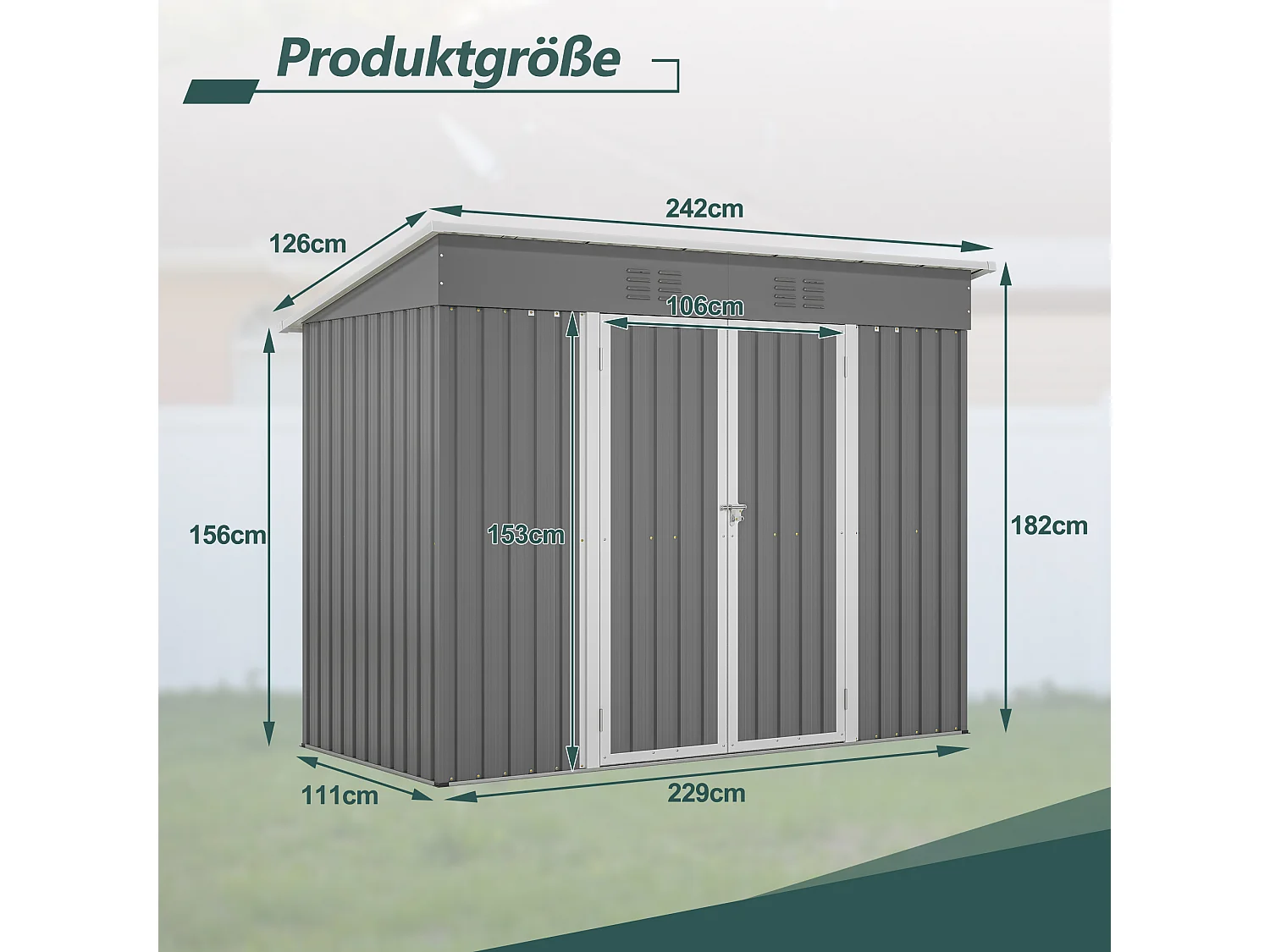Abri de jardin métallique avec fondation, résistant aux intempéries, acier galvanisé, gris (229x111x182 cm)