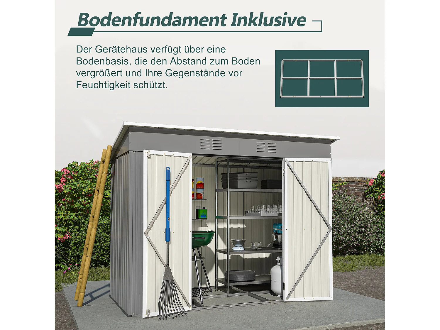 Abri de jardin métallique avec fondation, résistant aux intempéries, acier galvanisé, gris (229x111x182 cm)