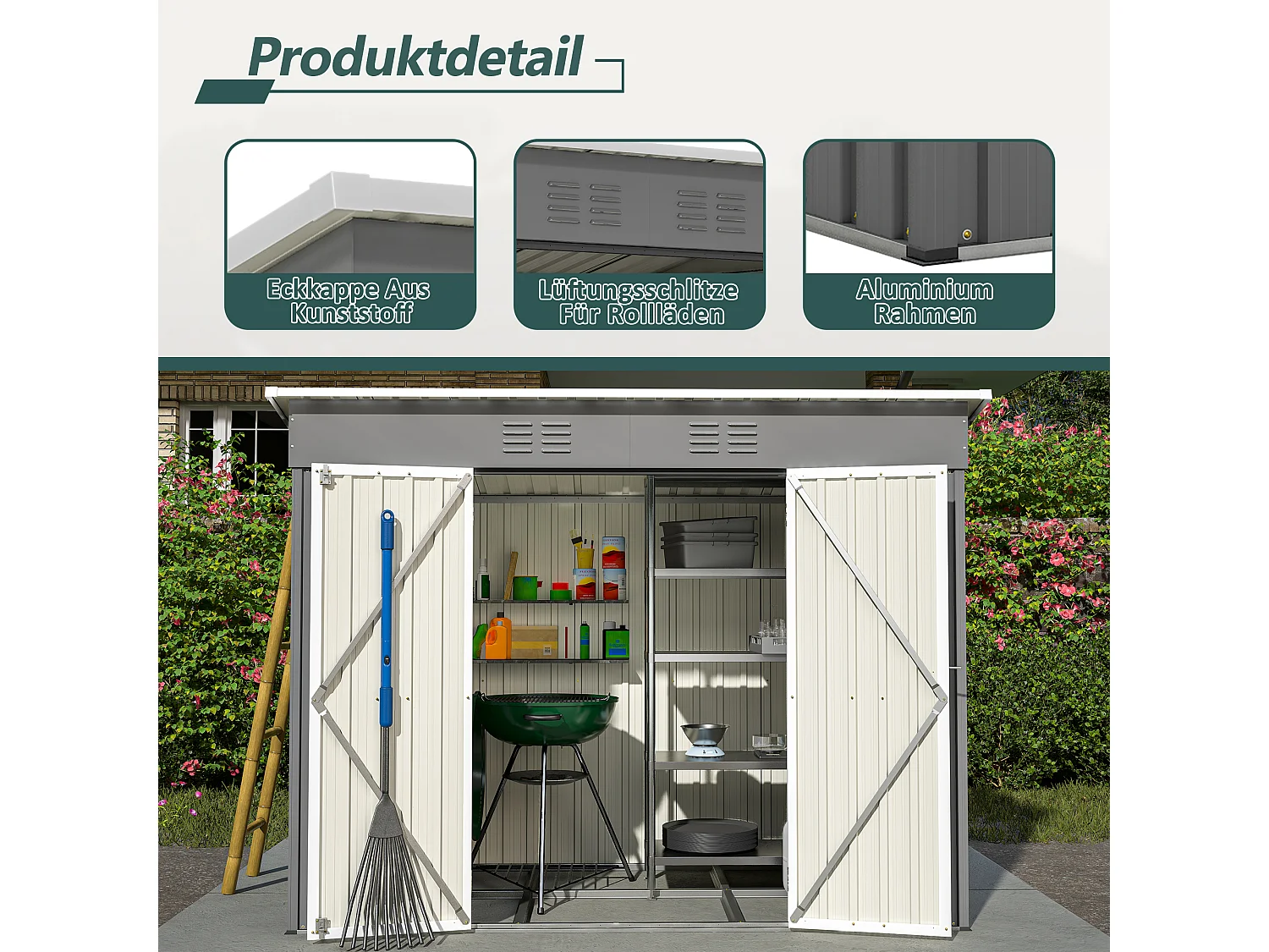 Abri de jardin métallique avec fondation, résistant aux intempéries, acier galvanisé, gris (229x111x182 cm)