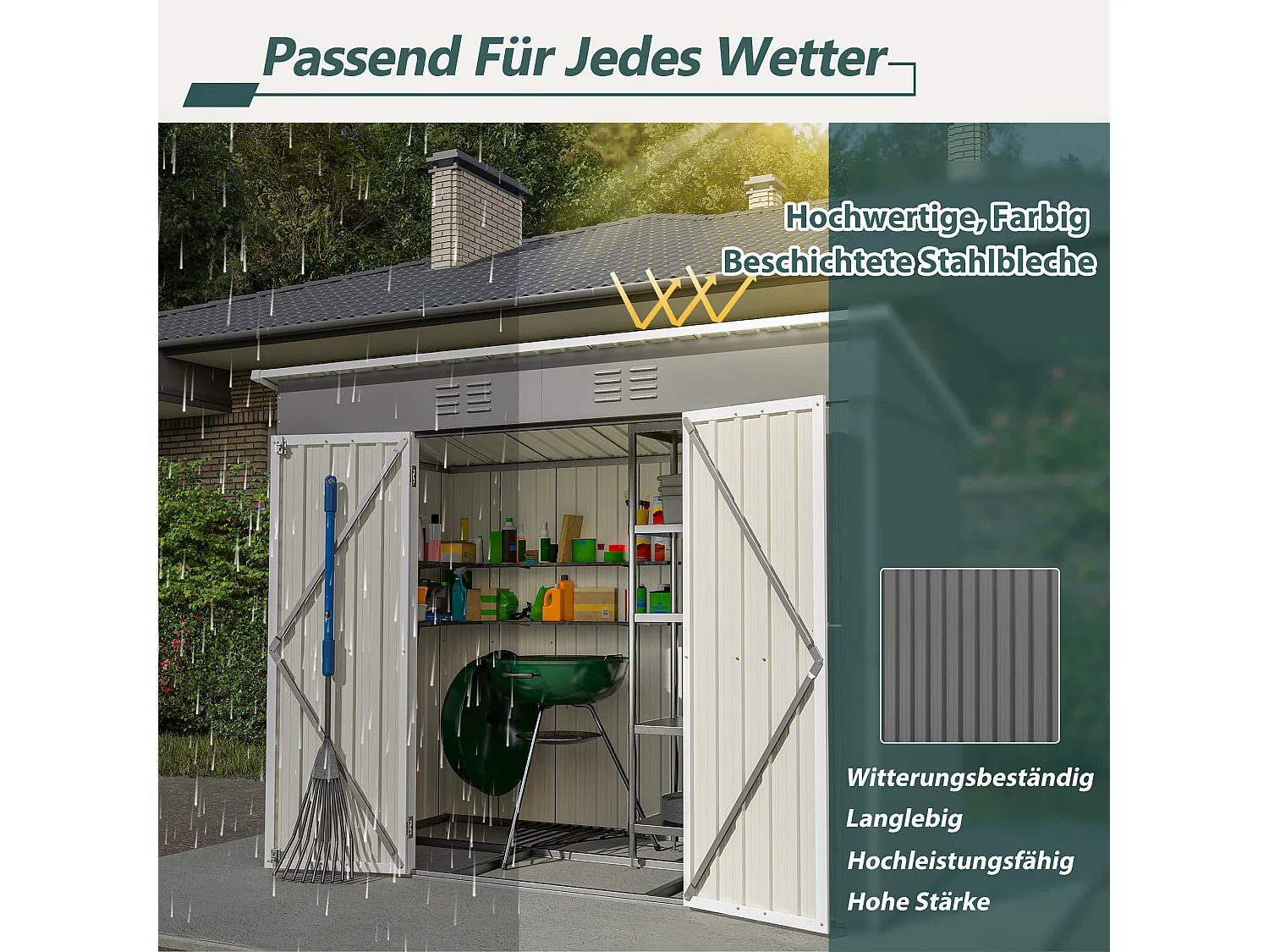 Abri de jardin métallique avec fondation, résistant aux intempéries, acier galvanisé, gris (229x111x182 cm)