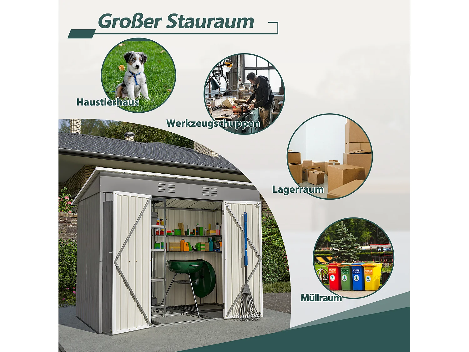 Abri de jardin métallique avec fondation, résistant aux intempéries, acier galvanisé, gris (229x111x182 cm)