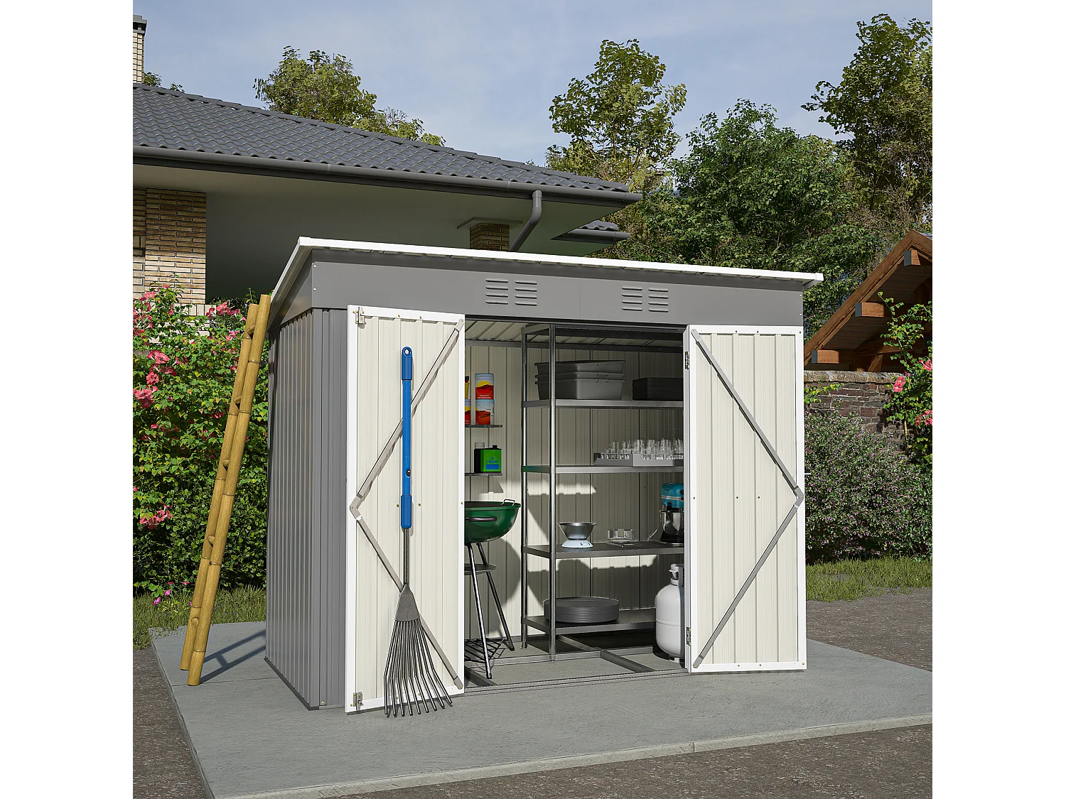 Abri de jardin métallique avec fondation, résistant aux intempéries, acier galvanisé, gris (229x111x182 cm)