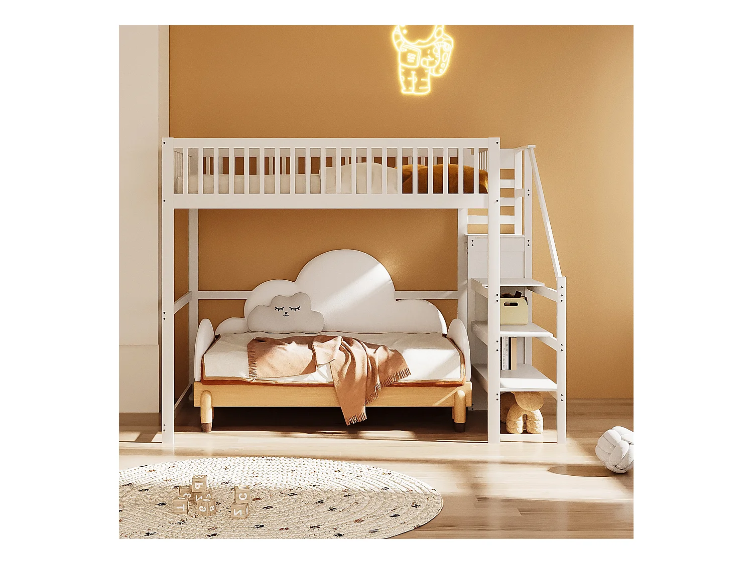 Lit mezzanine avec escalier et rangement, bois massif, blanc, 140x200 cm (245x145x179.7cm)