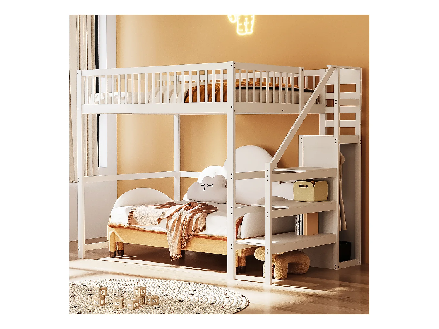 Lit mezzanine avec escalier et rangement, bois massif, blanc, 140x200 cm (245x145x179.7cm)