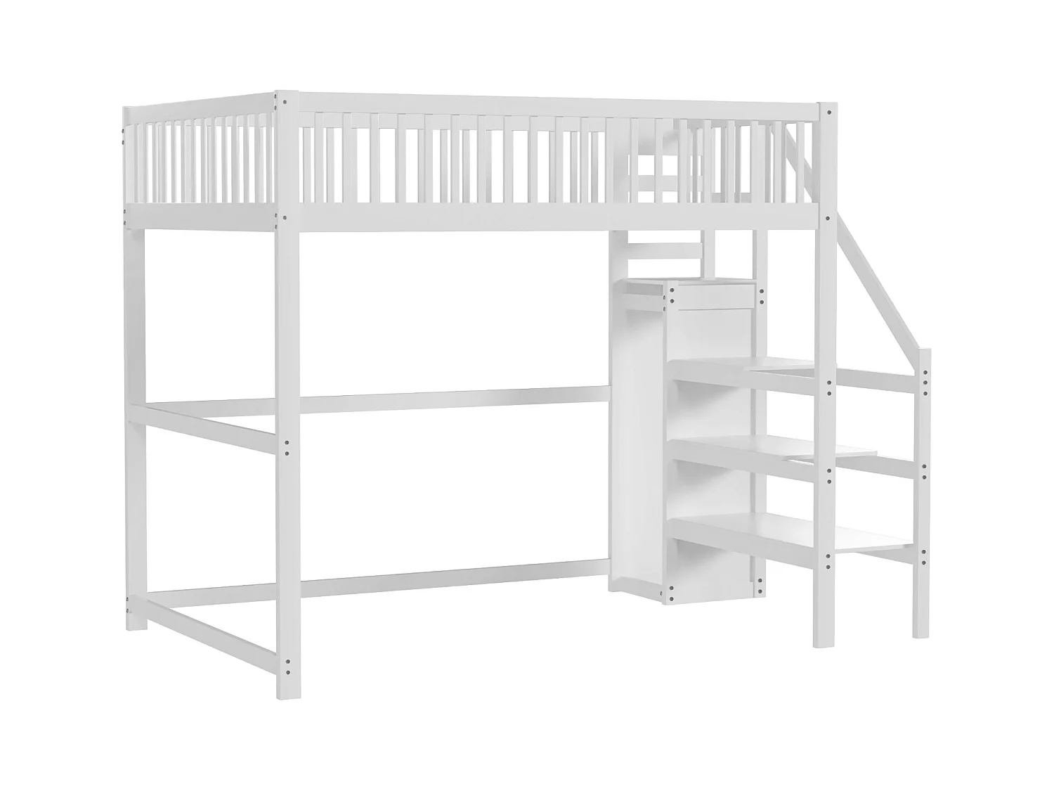 Lit mezzanine avec escalier et rangement, bois massif, blanc, 140x200 cm (245x145x179.7cm)