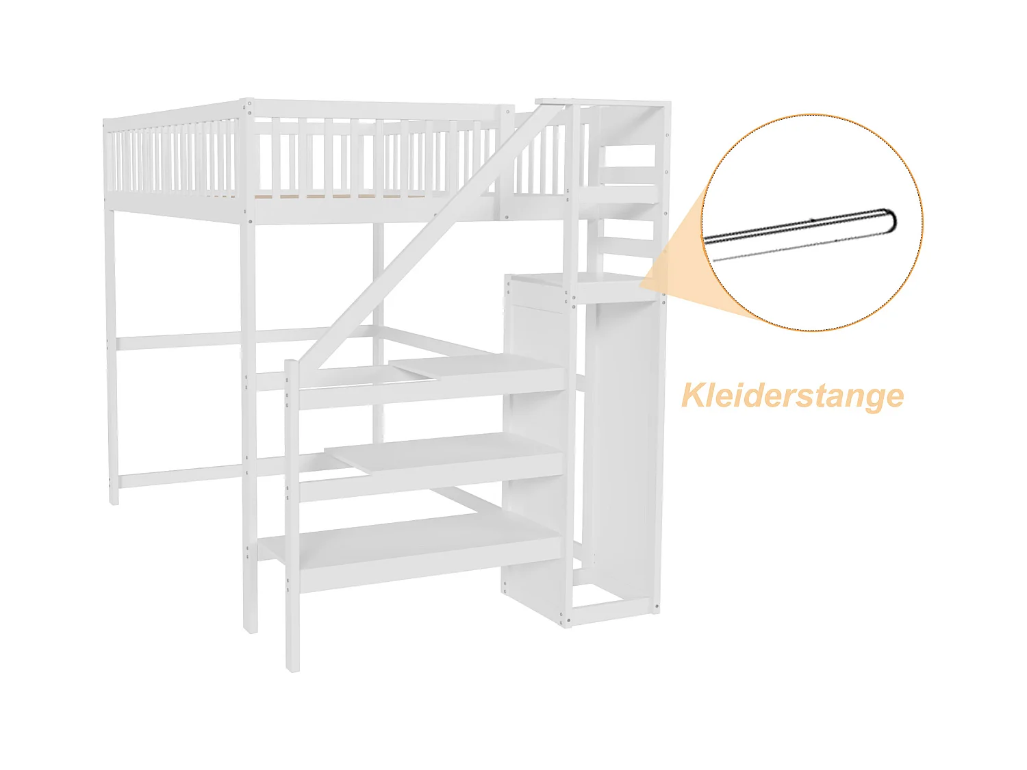 Lit mezzanine avec escalier et rangement, bois massif, blanc, 140x200 cm (245x145x179.7cm)