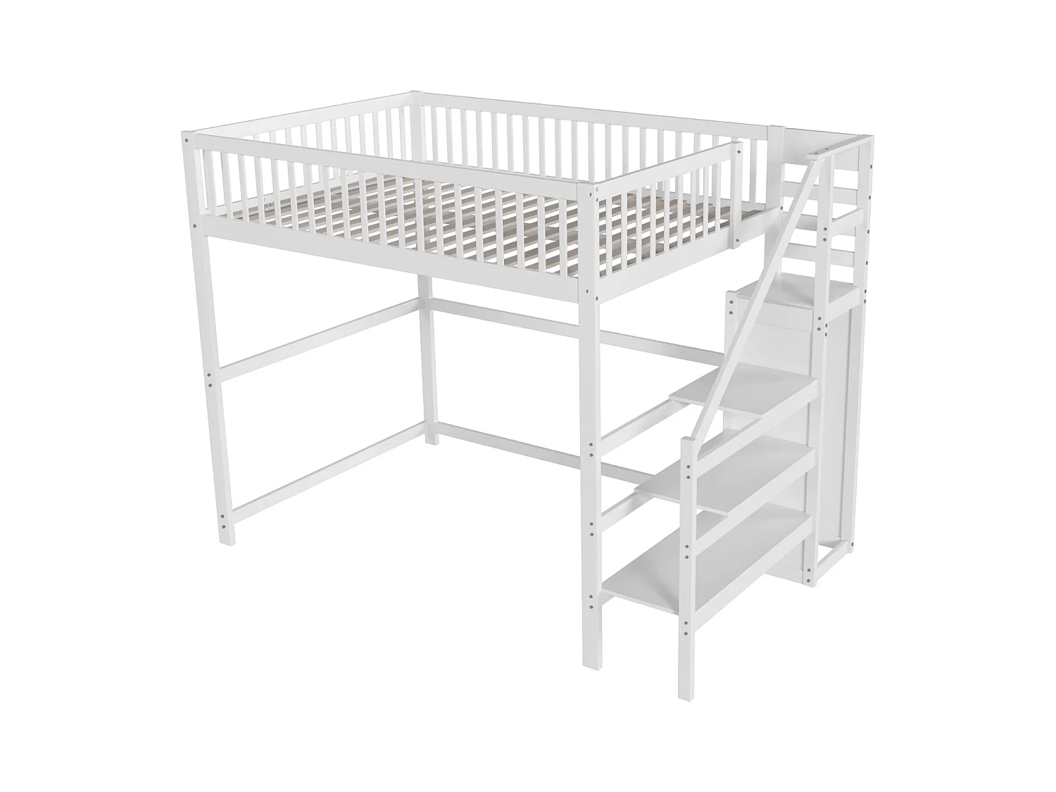 Lit mezzanine avec escalier et rangement, bois massif, blanc, 140x200 cm (245x145x179.7cm)