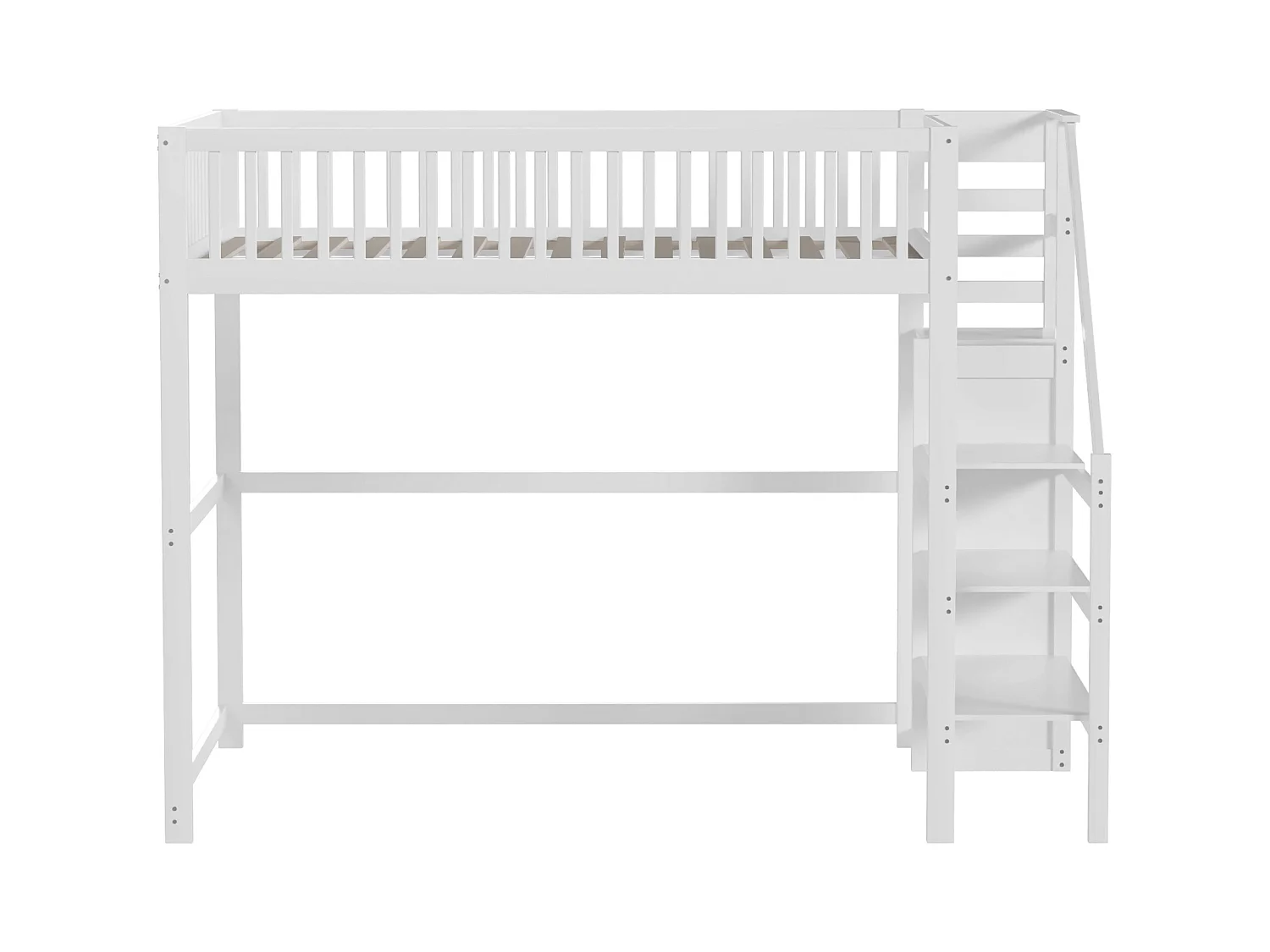 Lit mezzanine avec escalier et rangement, bois massif, blanc, 140x200 cm (245x145x179.7cm)
