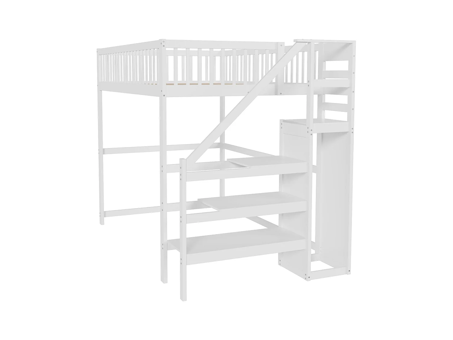 Lit mezzanine avec escalier et rangement, bois massif, blanc, 140x200 cm (245x145x179.7cm)