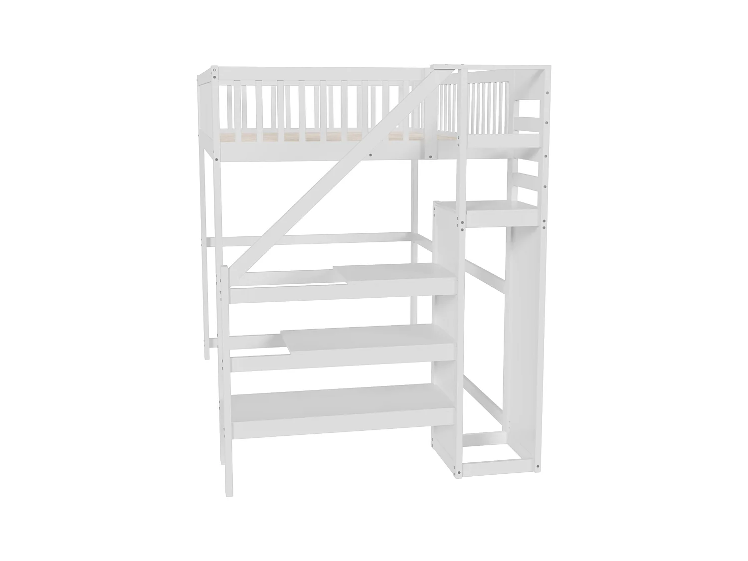 Lit mezzanine avec escalier et rangement, bois massif, blanc, 140x200 cm (245x145x179.7cm)