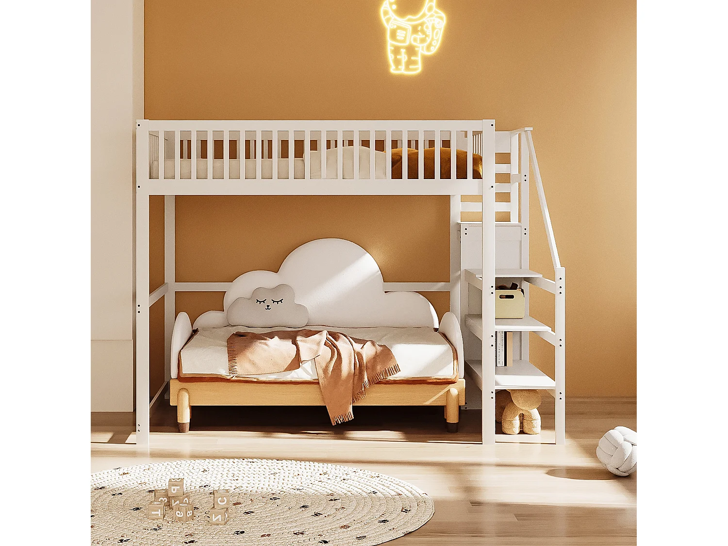 Lit mezzanine avec escalier et rangement, bois massif, blanc, 140x200 cm (245x145x179.7cm)