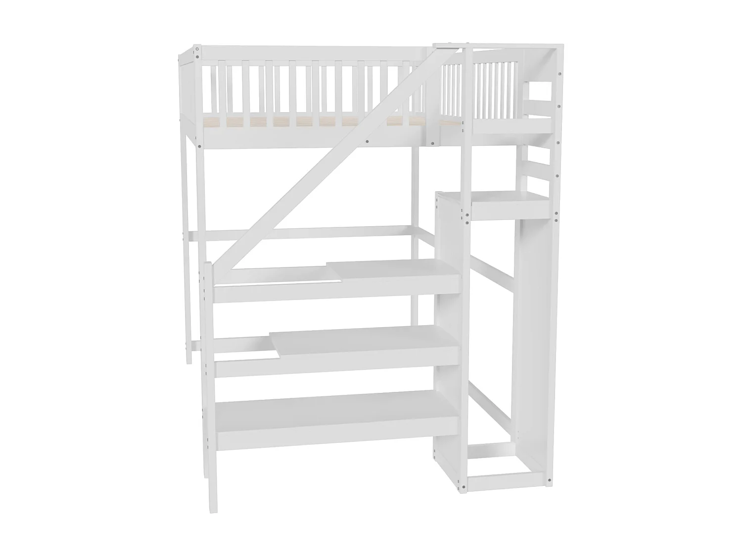 Lit mezzanine avec escalier et rangement, bois massif, blanc, 140x200 cm (245x145x179.7cm)