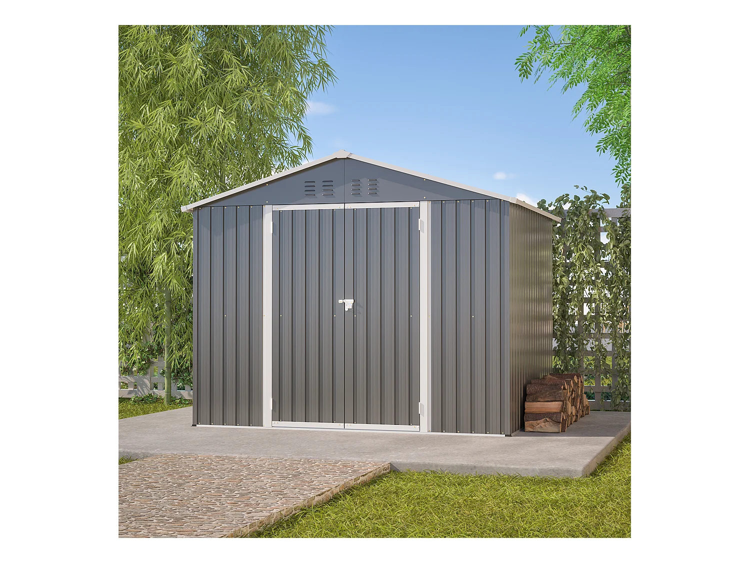 Abri de jardin métallique avec porte rabattable, anthracite, pour outils et équipements (229.4x180x191cm)