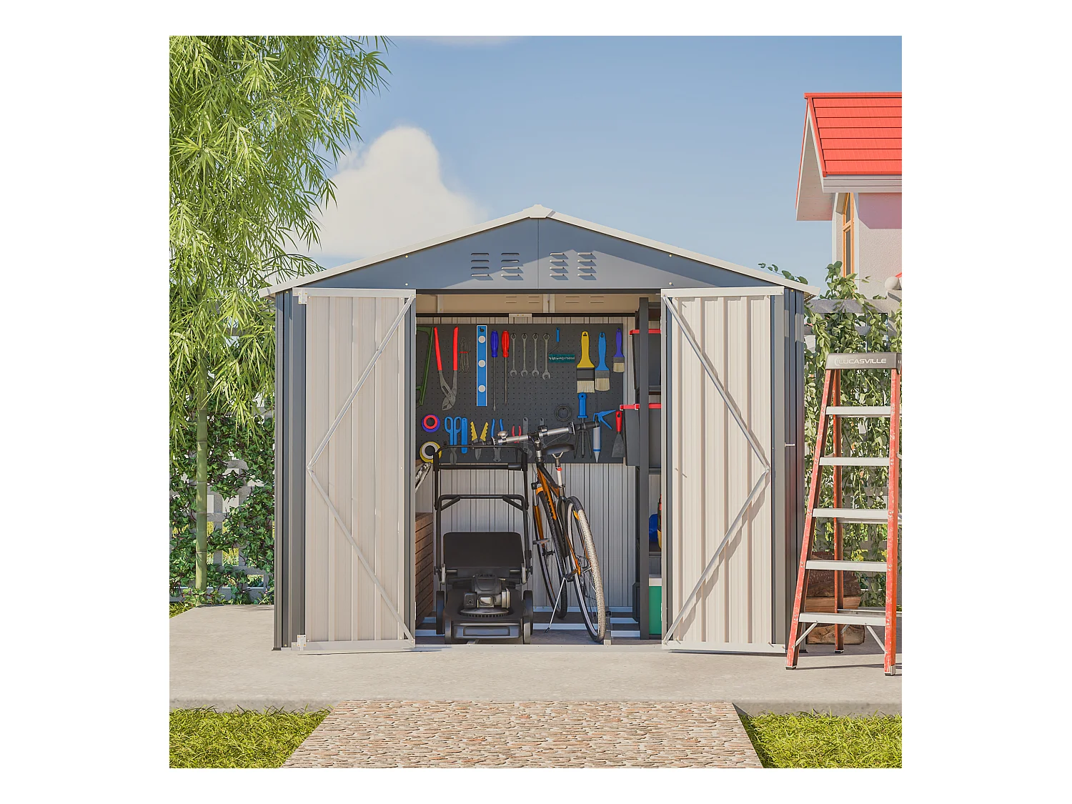 Abri de jardin métallique avec porte rabattable, anthracite, pour outils et équipements (229.4x180x191cm)