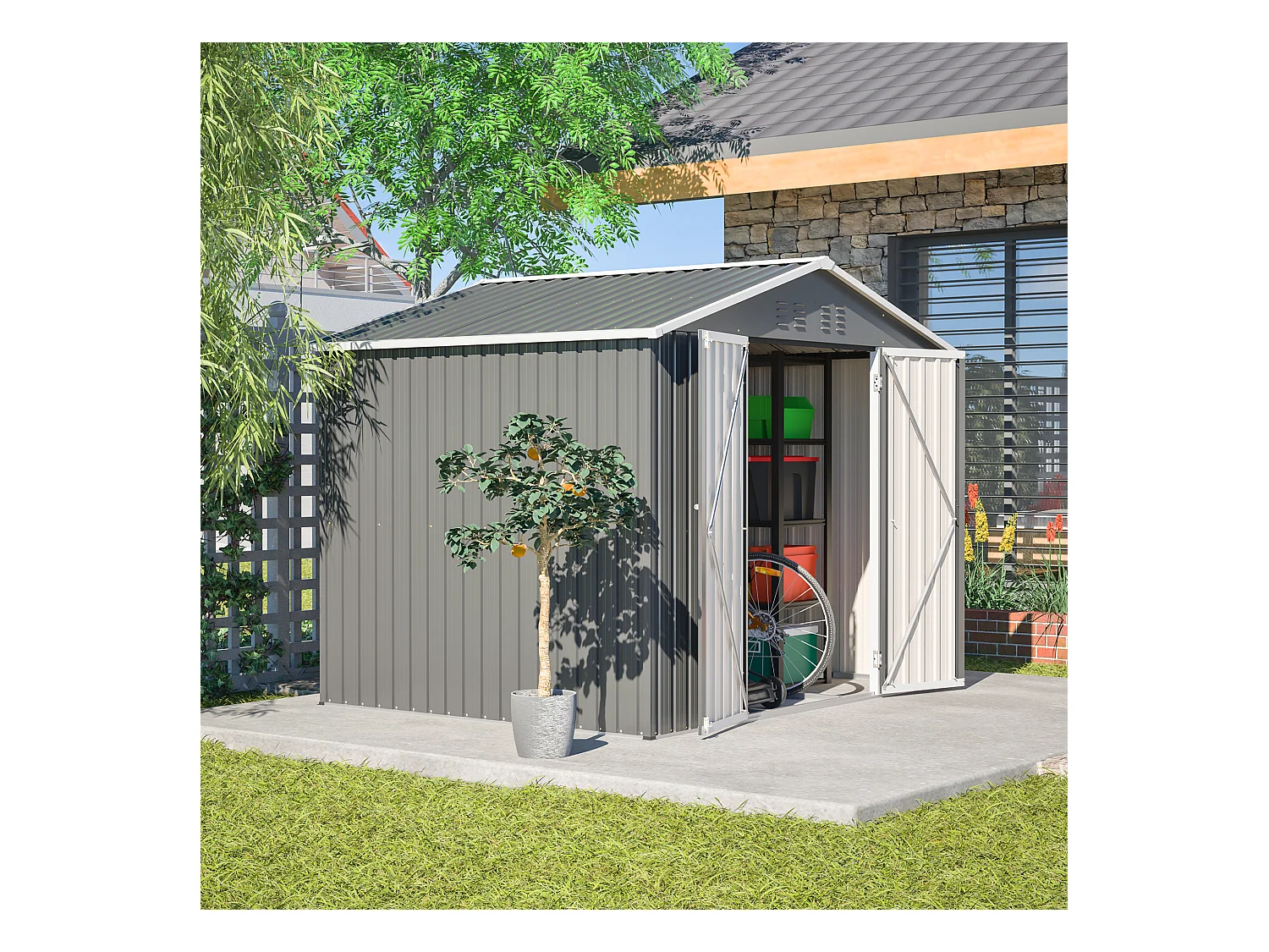 Abri de jardin métallique avec porte rabattable, anthracite, pour outils et équipements (229.4x180x191cm)