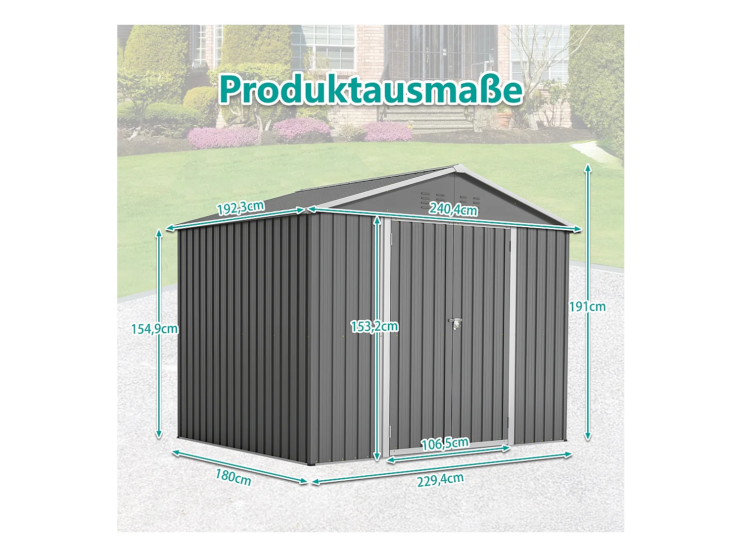 Abri de jardin métallique avec porte rabattable, anthracite, pour outils et équipements (229.4x180x191cm)