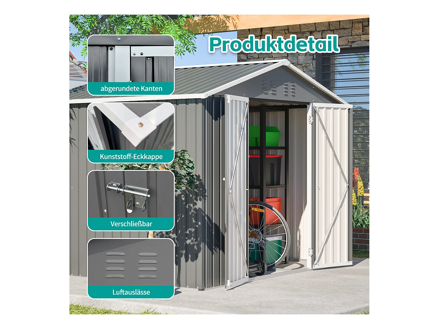 Abri de jardin métallique avec porte rabattable, anthracite, pour outils et équipements (229.4x180x191cm)