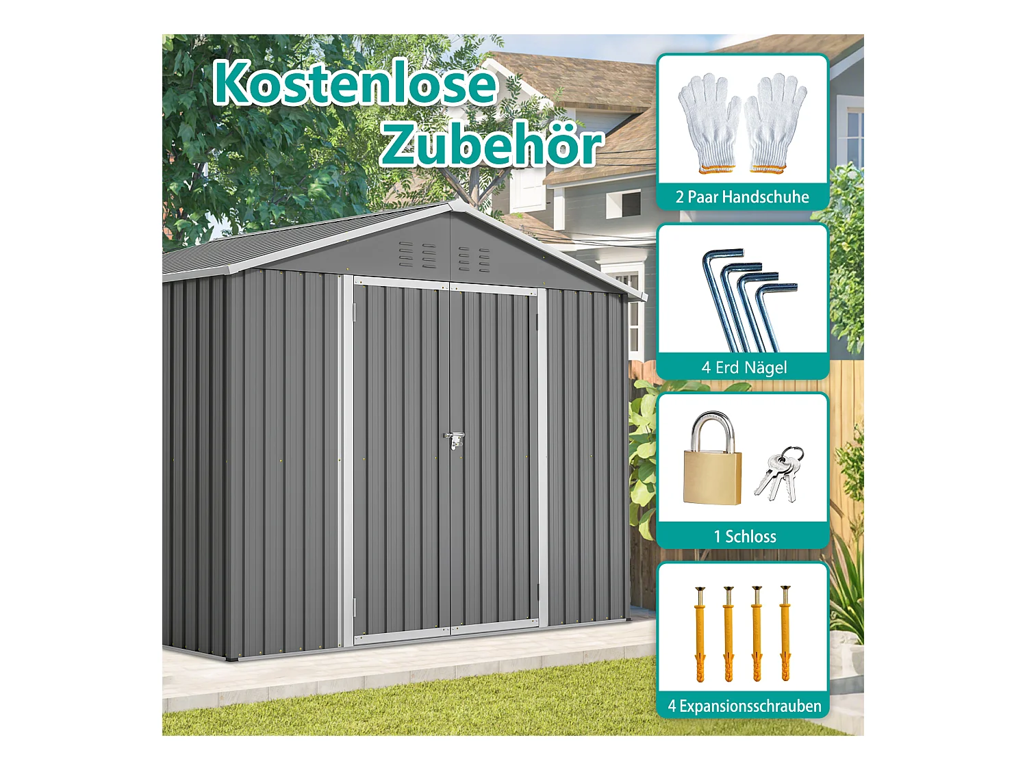 Abri de jardin métallique avec porte rabattable, anthracite, pour outils et équipements (229.4x180x191cm)