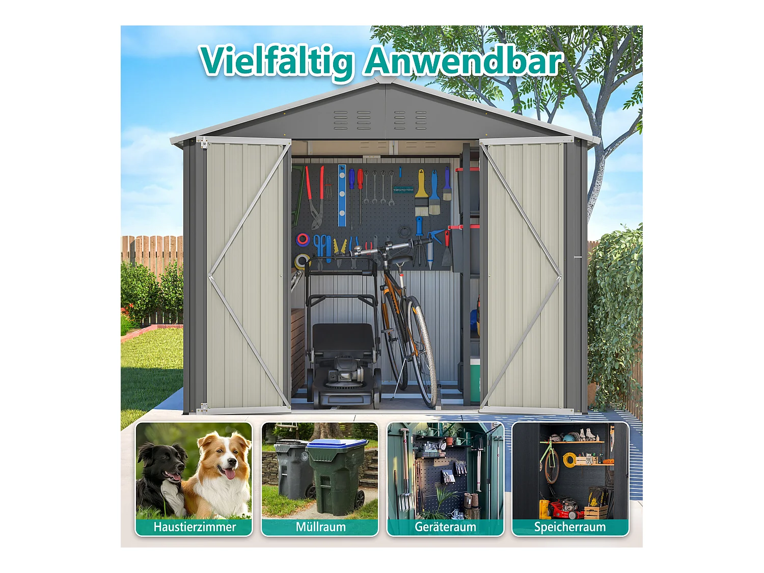 Abri de jardin métallique avec porte rabattable, anthracite, pour outils et équipements (229.4x180x191cm)