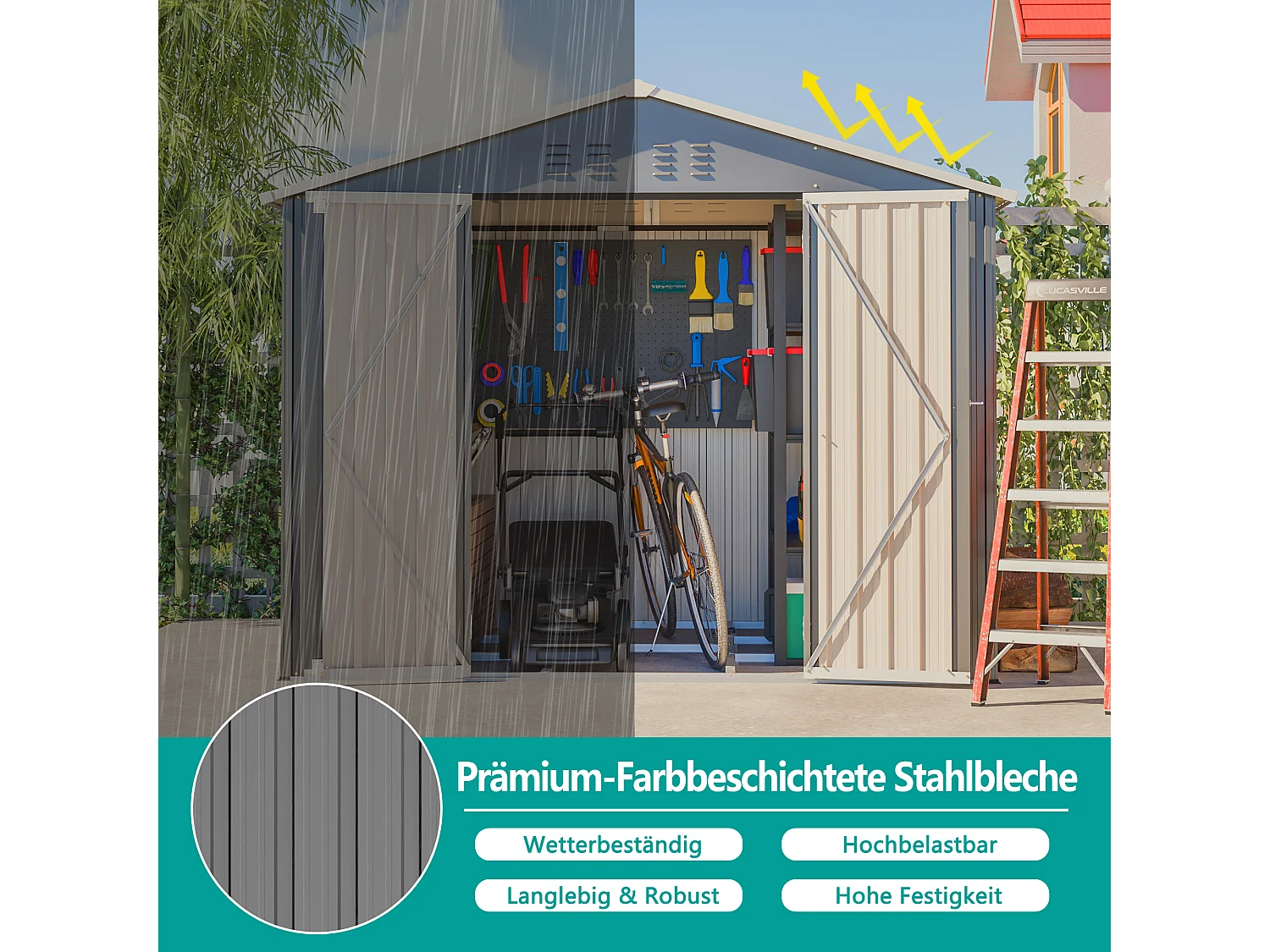 Abri de jardin métallique avec porte rabattable, anthracite, pour outils et équipements (229.4x180x191cm)