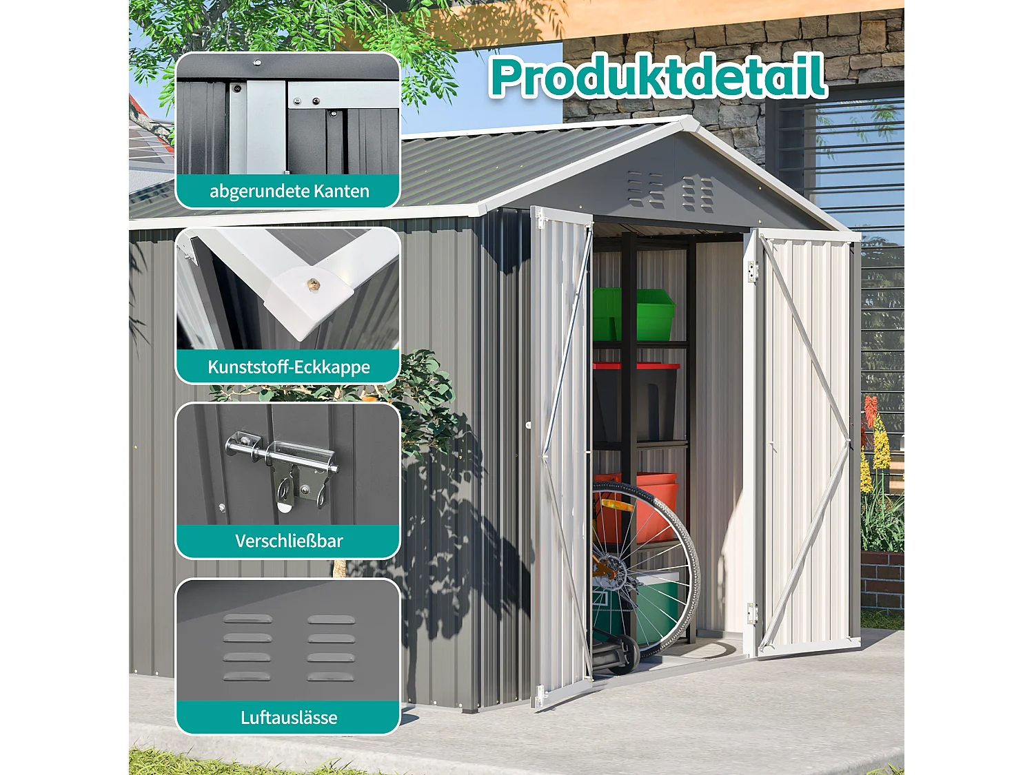 Abri de jardin métallique avec porte rabattable, anthracite, pour outils et équipements (229.4x180x191cm)