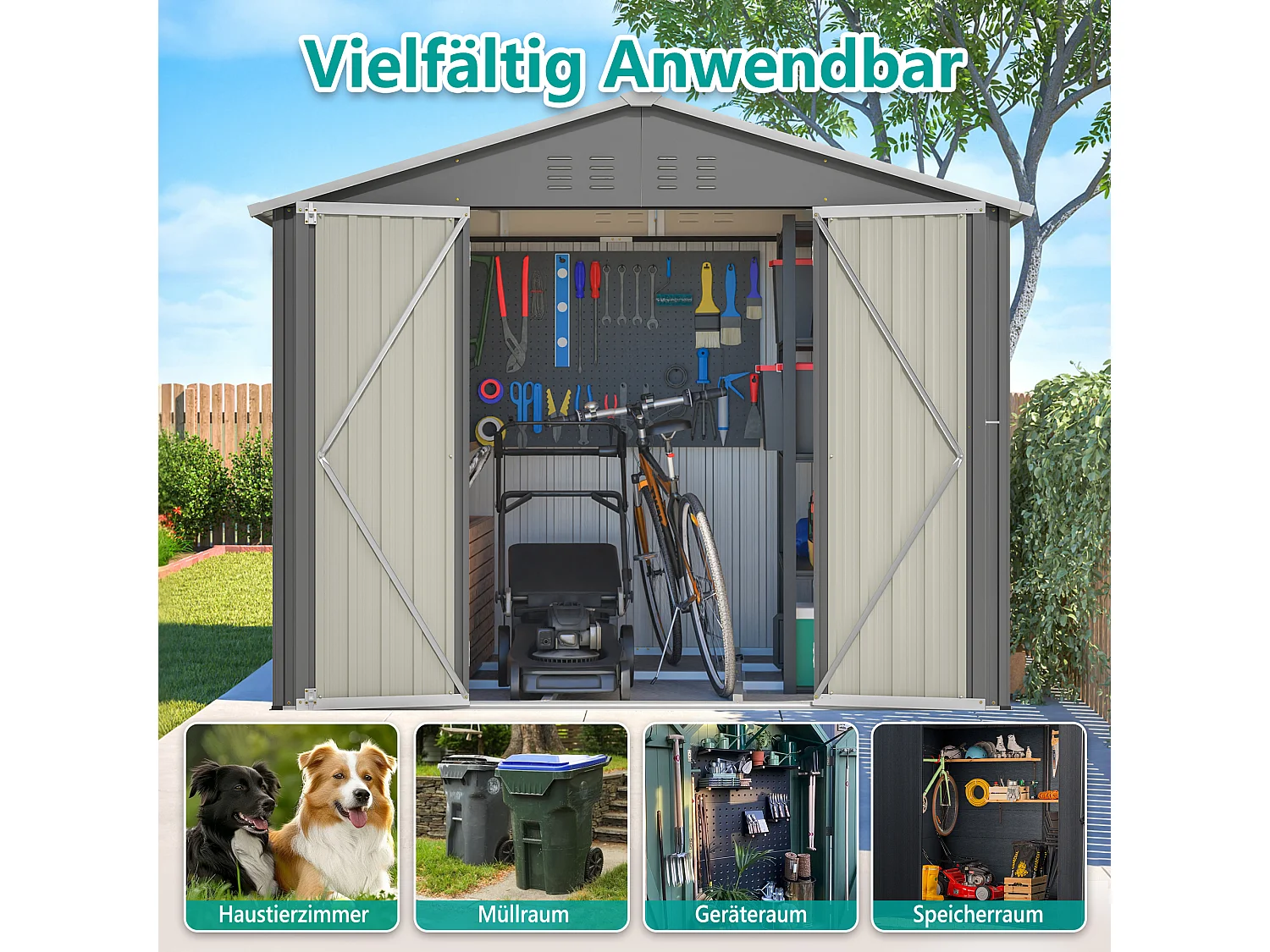 Abri de jardin métallique avec porte rabattable, anthracite, pour outils et équipements (229.4x180x191cm)