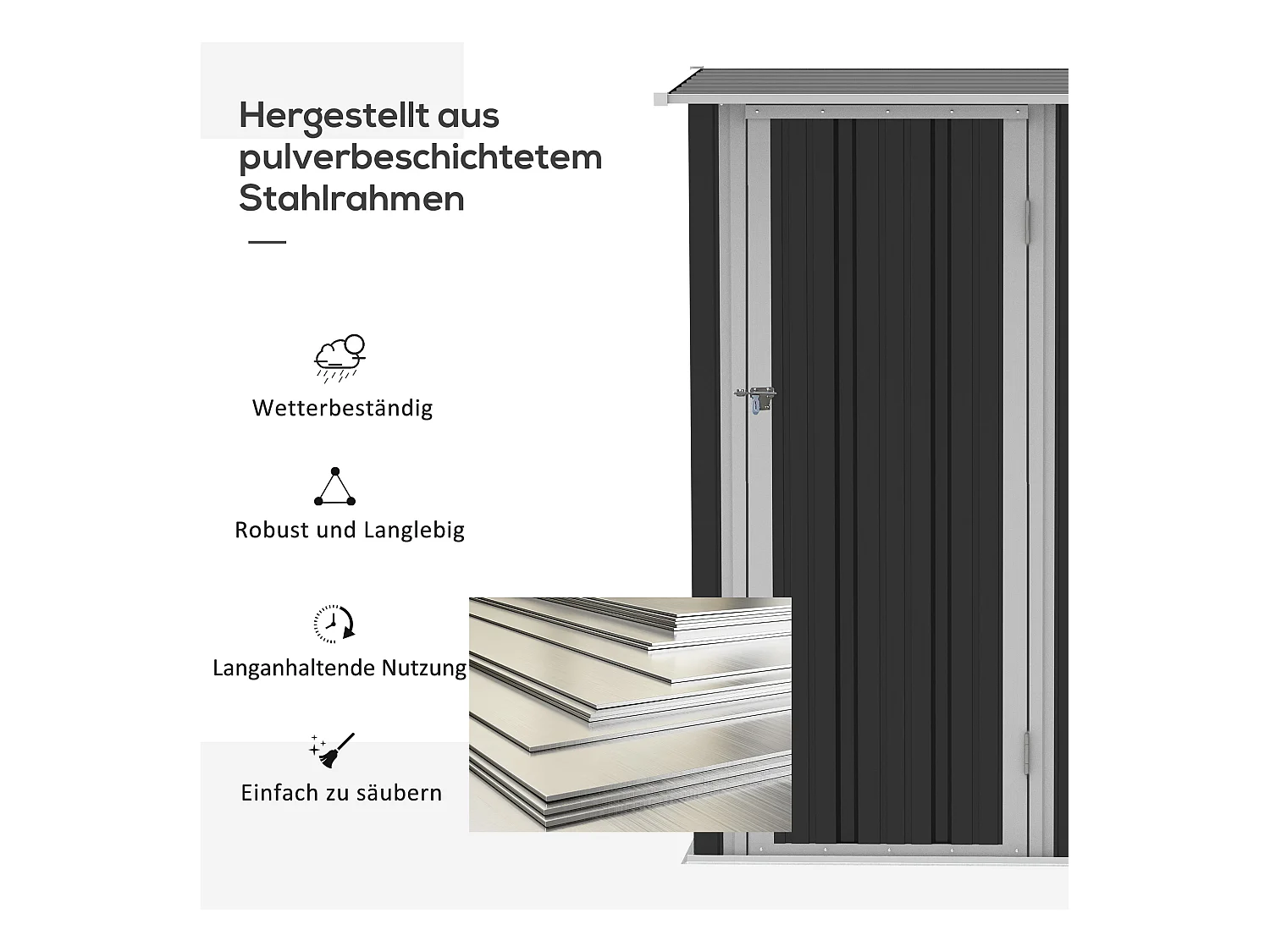 Abri de jardin métallique avec porte, acier résistant, gris foncé, toit fermé (142x84x189cm)