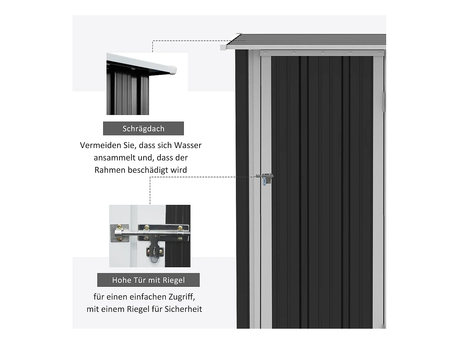 Abri de jardin métallique avec porte, acier résistant, gris foncé, toit fermé (142x84x189cm)