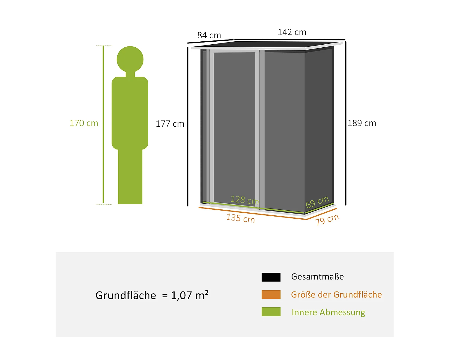 Abri de jardin métallique avec porte, acier résistant, gris foncé, toit fermé (142x84x189cm)