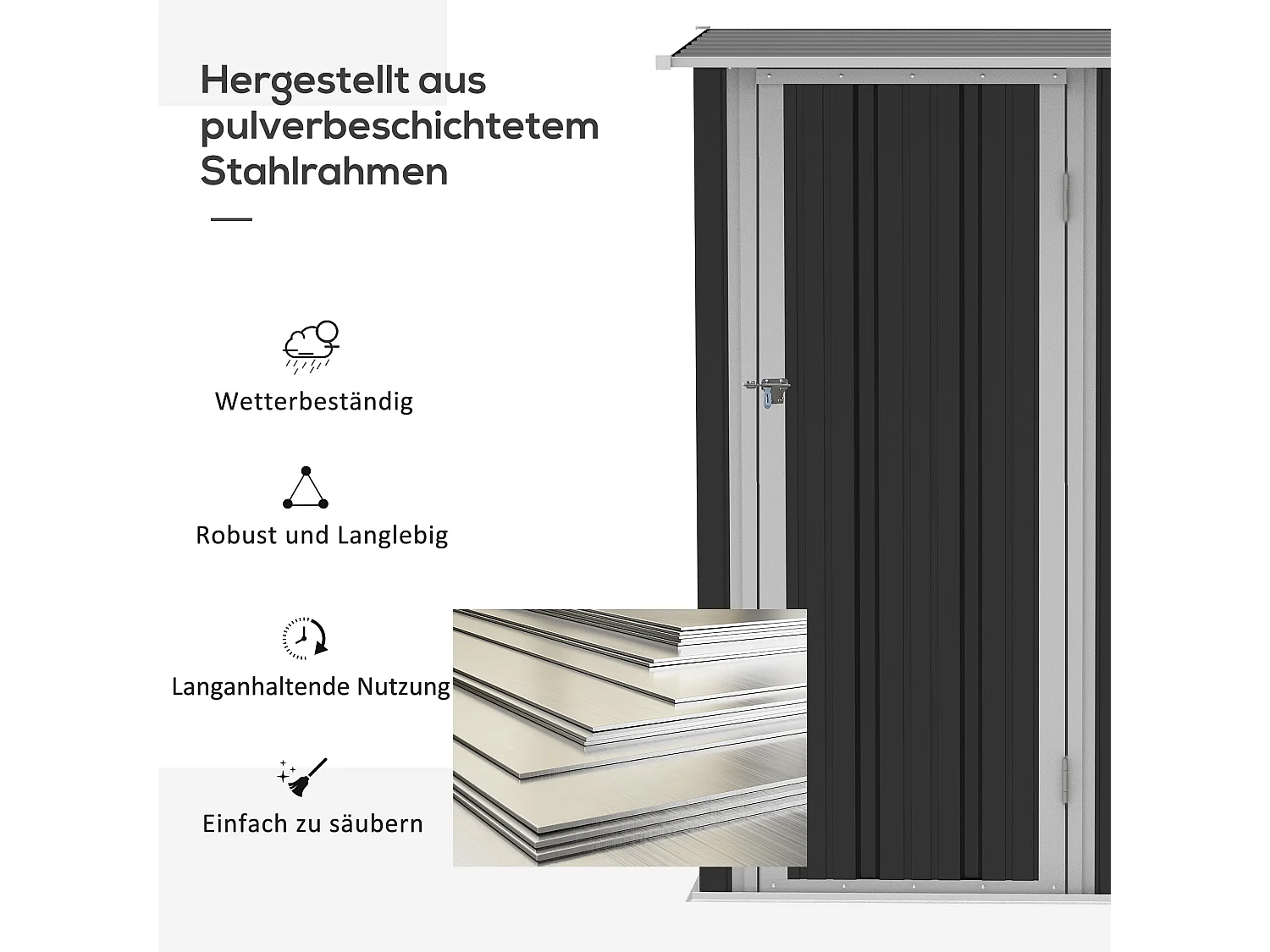 Abri de jardin métallique avec porte, acier résistant, gris foncé, toit fermé (142x84x189cm)