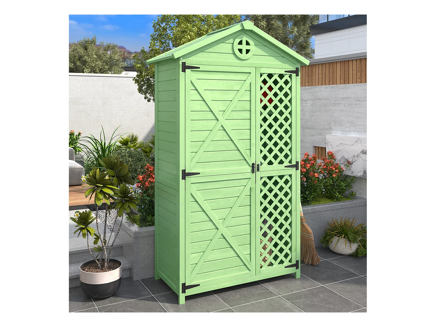 Abri de jardin en bois pour rangement d'outils et meubles extérieurs, résistant aux intempéries, sans entretien, vert (90x56.5x175.3 cm)