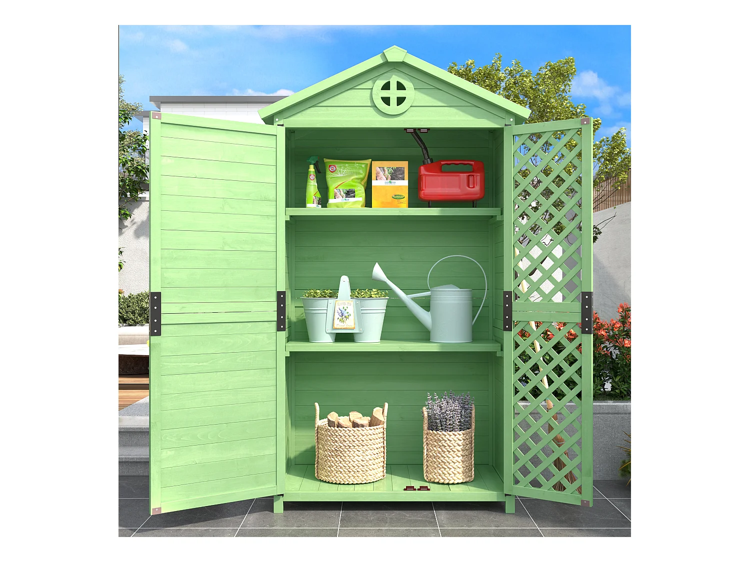 Abri de jardin en bois pour rangement d'outils et meubles extérieurs, résistant aux intempéries, sans entretien, vert (90x56.5x175.3 cm)