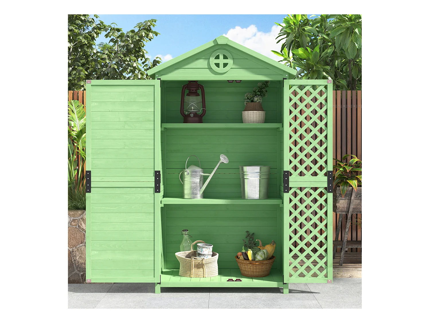Abri de jardin en bois pour rangement d'outils et meubles extérieurs, résistant aux intempéries, sans entretien, vert (90x56.5x175.3 cm)