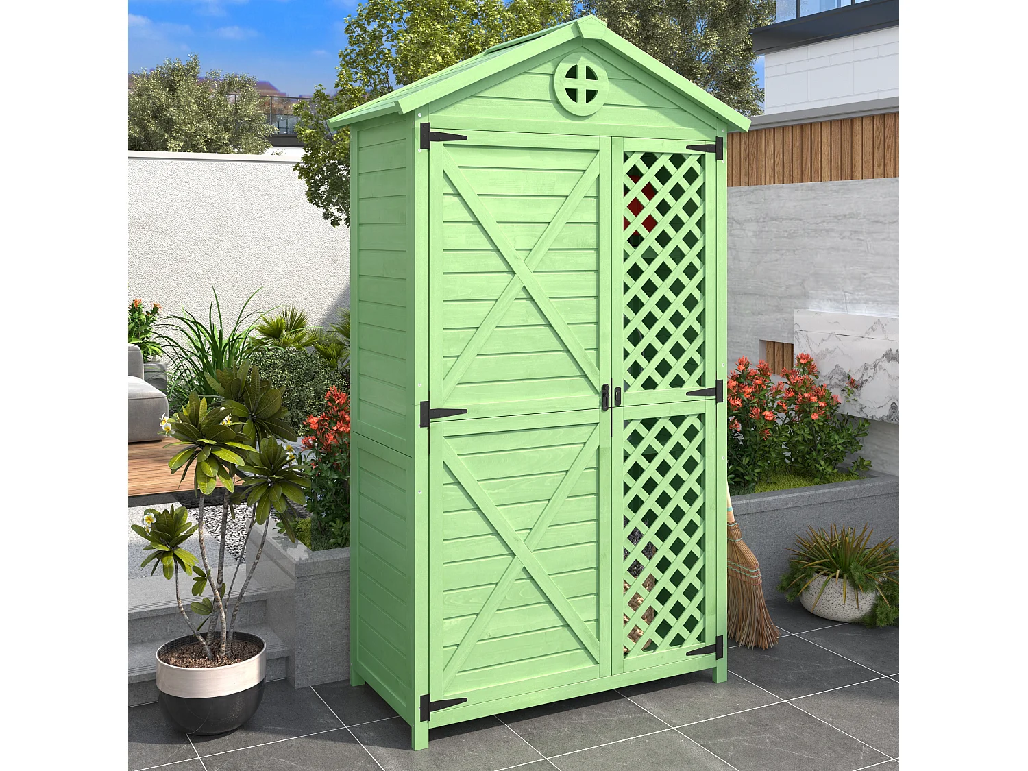 Abri de jardin en bois pour rangement d'outils et meubles extérieurs, résistant aux intempéries, sans entretien, vert (90x56.5x175.3 cm)