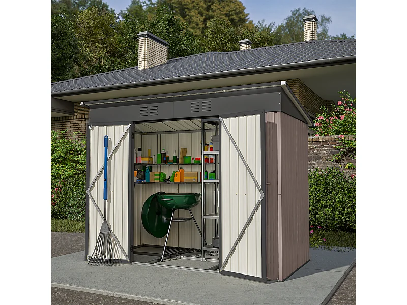 Weerbestendige metalen tuinberging met metalen fundering, zonder vloer, bruin (229x111x182 cm)