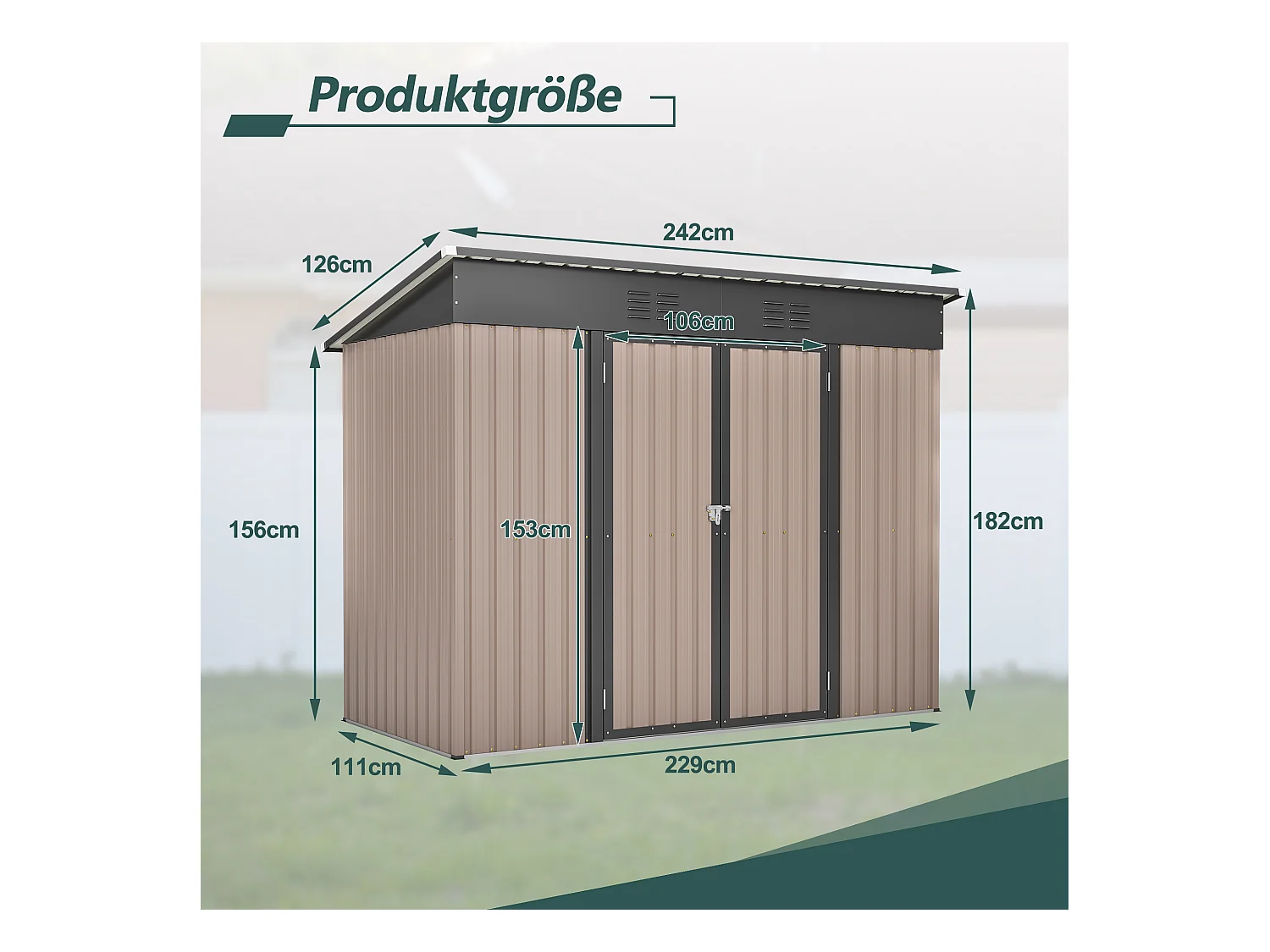 Abri de jardin métallique résistant aux intempéries, avec fondation en métal, sans plancher, brun (229x111x182 cm)