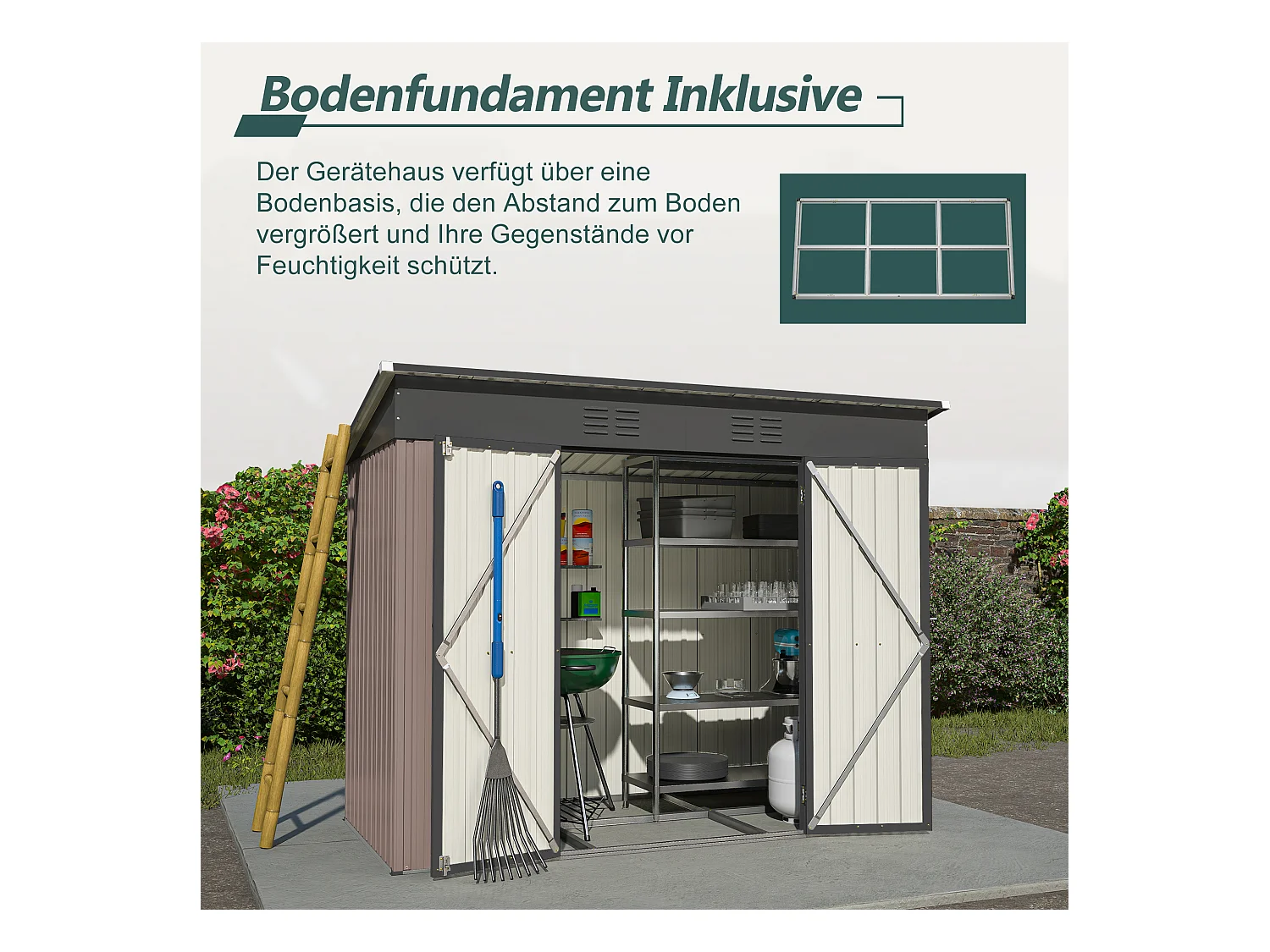 Abri de jardin métallique résistant aux intempéries, avec fondation en métal, sans plancher, brun (229x111x182 cm)