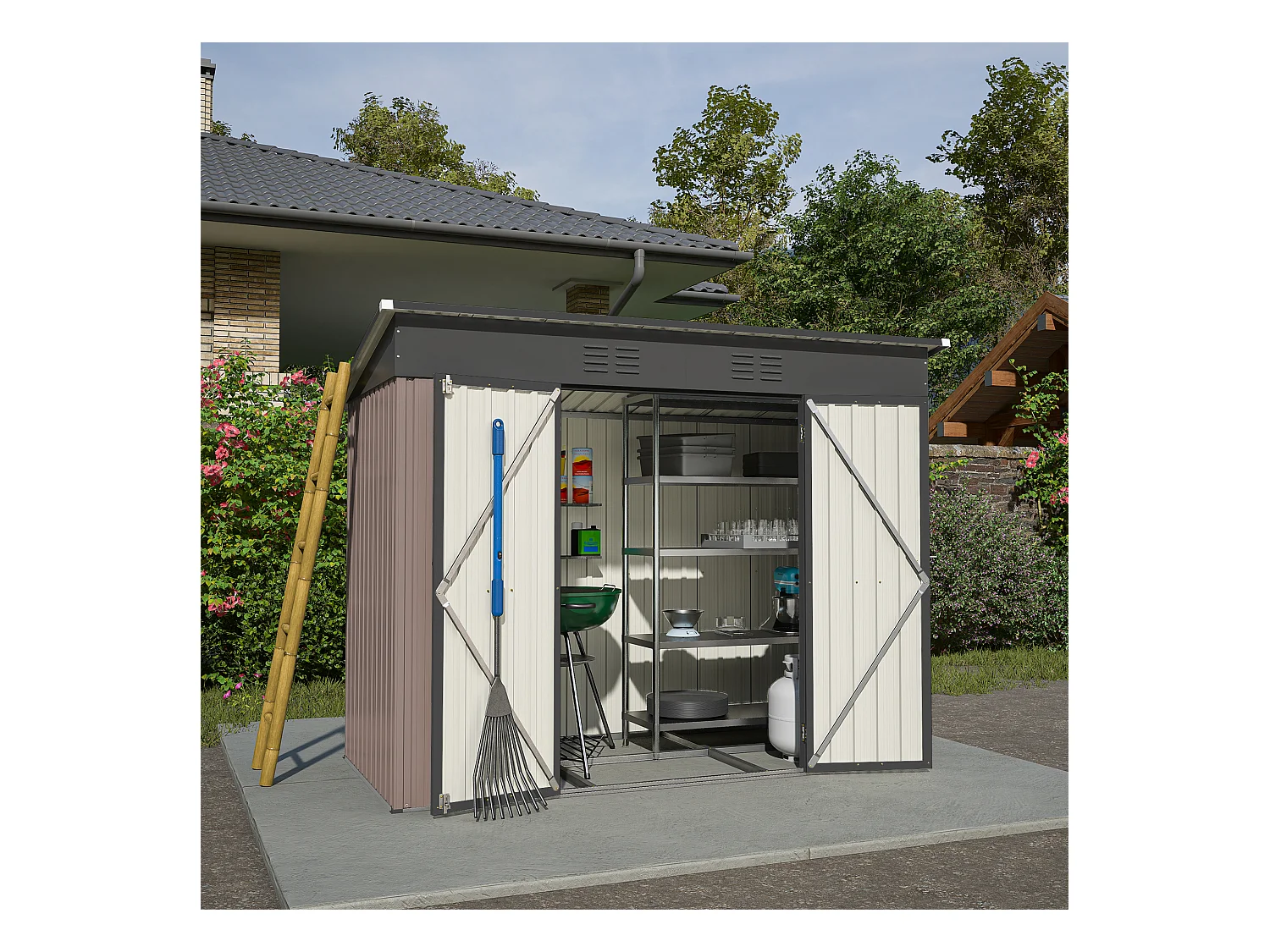 Abri de jardin métallique résistant aux intempéries, avec fondation en métal, sans plancher, brun (229x111x182 cm)