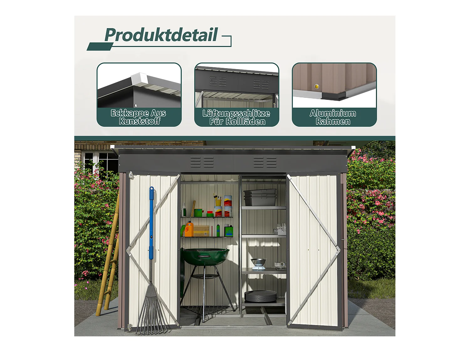 Abri de jardin métallique résistant aux intempéries, avec fondation en métal, sans plancher, brun (229x111x182 cm)