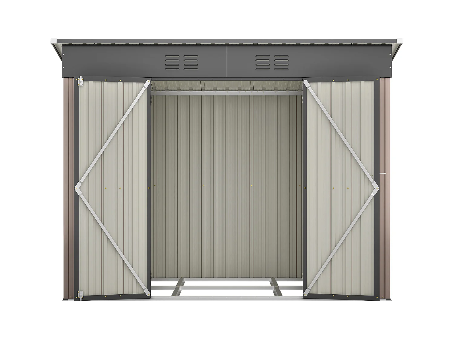 Abri de jardin métallique résistant aux intempéries, avec fondation en métal, sans plancher, brun (229x111x182 cm)