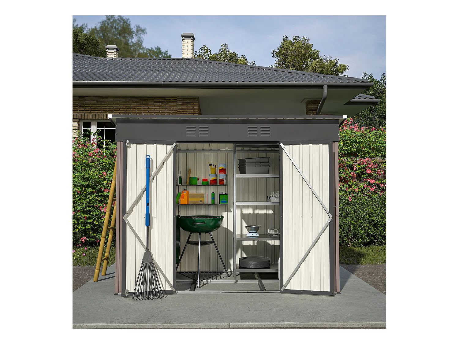 Abri de jardin métallique résistant aux intempéries, avec fondation en métal, sans plancher, brun (229x111x182 cm)