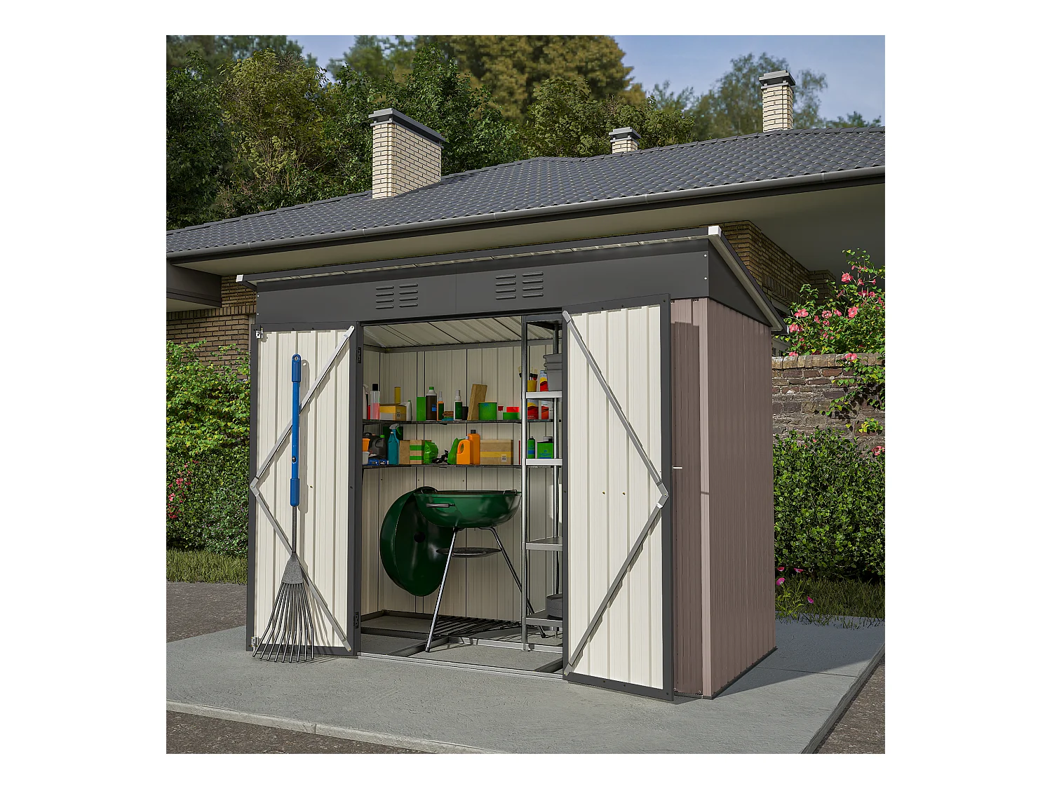 Casetta da giardino in metallo resistente alle intemperie con fondamenta in metallo, senza pavimento, marrone (229x111x182 cm)